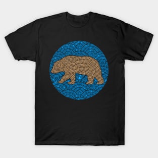 Mosaic California Brown Grizzly Bear Blue Tile Background T-Shirt